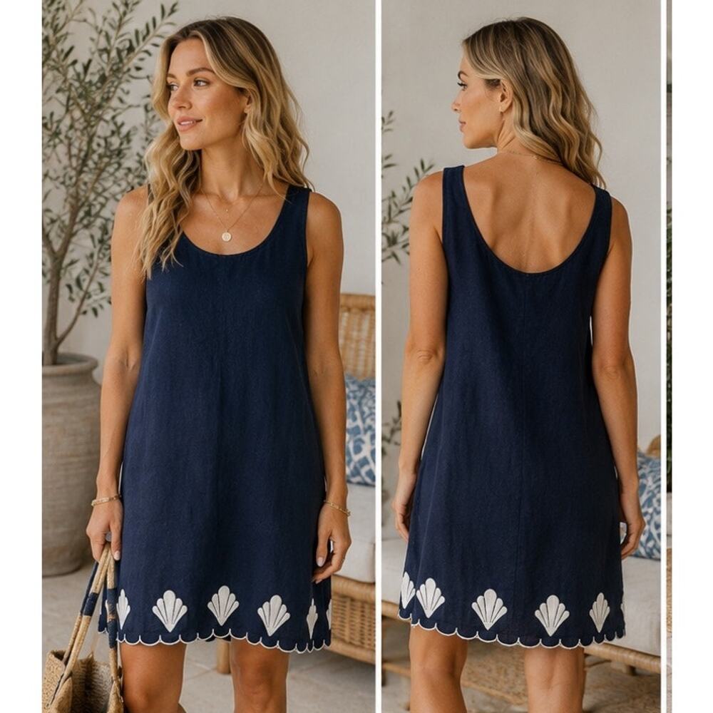 Calypso St. Barth Navy Linen Blend Shell Hem Dress Small
